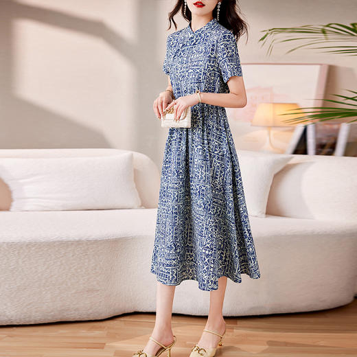 时髦洋气，印花复古减龄时尚连衣裙女新款夏季短袖中长款裙子HR-MEIQIN1716 商品图5