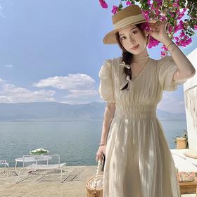 2023夏季新款杭州女装法式复古收腰显瘦连衣裙泡泡袖长款裙子