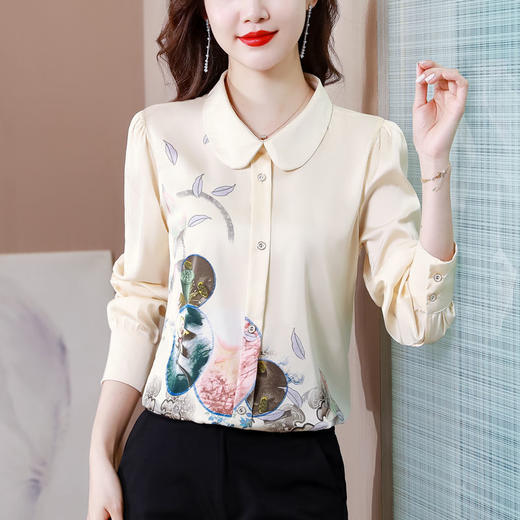 DD-真丝衬衫女长袖2023春秋款洋气娃娃领遮肚桑蚕丝上衣套头小衫 商品图2