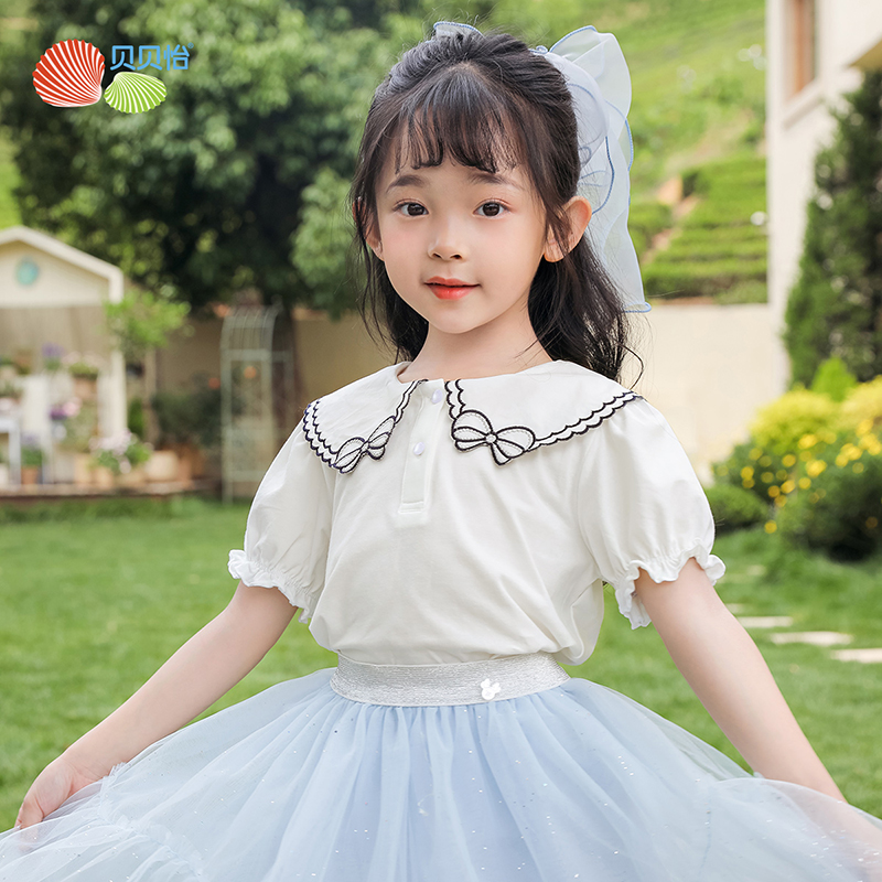 贝贝怡童装夏装女童翻领短袖T恤婴儿童上衣女宝宝学院风打底衫潮232S3204