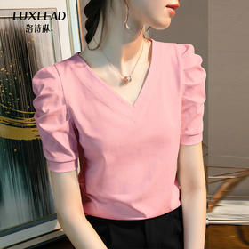 全新升级【铂金会员82/天猫129/差价47】(85239) 洛诗琳新款夏季高端短款短袖V领修身小个子泡泡袖t恤女针织上衣