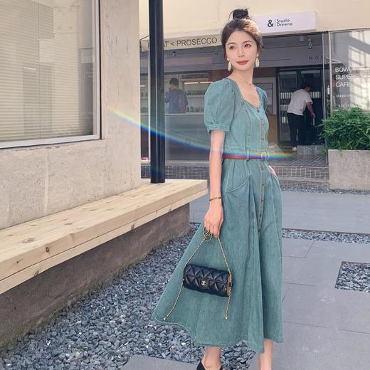 法式复古泡泡袖薄款牛仔连衣裙女夏季新款方领修身气质长款裙子 商品图1