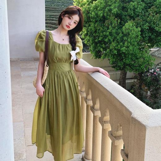 实拍抽褶泡泡袖方领显瘦温柔减龄收腰后背蝴蝶结系带中长款连衣裙 商品图0