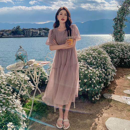 实拍温柔浪漫泡泡袖小众高级感高腰显瘦chic氛围感纯色中长连衣裙 商品图1