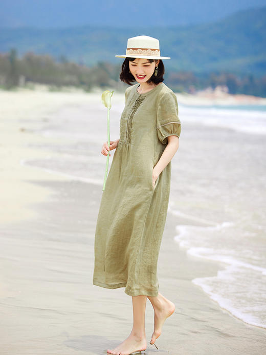 HM-C032夏季新款纯苎麻旅行文艺连衣裙花边灯笼短袖宽松怀旧复古袍子 商品图3