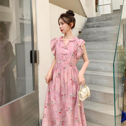 夏季新中式复古樱桃印花连衣裙女装新款小飞袖盘扣改良旗袍裙子 商品图0