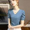 全新升级【铂金会员82/天猫129/差价47】(85239) 洛诗琳新款夏季高端短款短袖V领修身小个子泡泡袖t恤女针织上衣 商品缩略图1