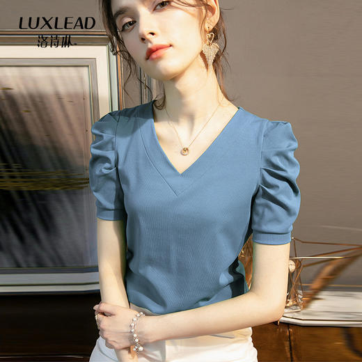 全新升级【铂金会员82/天猫129/差价47】(85239) 洛诗琳新款夏季高端短款短袖V领修身小个子泡泡袖t恤女针织上衣 商品图1