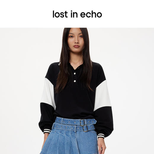 [断码]lost in echo设计师品牌拼接透气休闲百搭撞色拼接长袖POLO衫宽松 商品图1