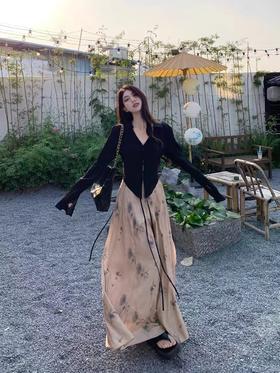 夏季新款水墨风高腰长款裤裙清冷禅意氛围感碎花半身裙显瘦百搭_HLY