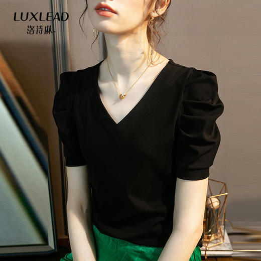 全新升级【铂金会员82/天猫129/差价47】(85239) 洛诗琳新款夏季高端短款短袖V领修身小个子泡泡袖t恤女针织上衣 商品图3