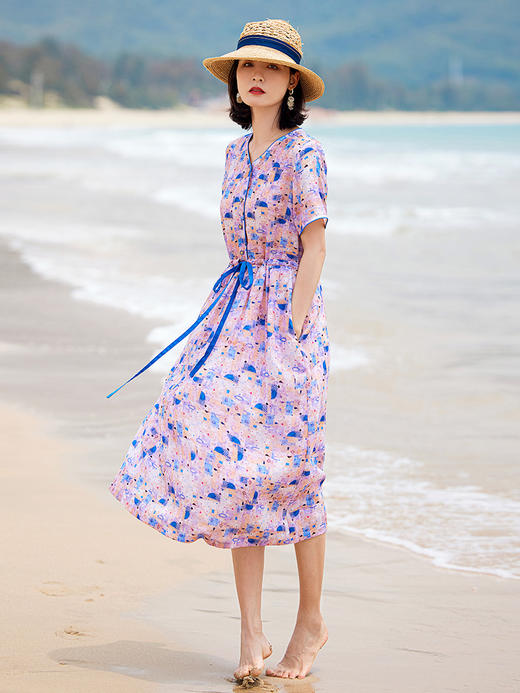 HM-S375夏季新款苎麻连衣裙文艺复古印花短袖桃领宽松系带A字裙 商品图2