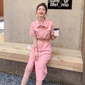 粉色设计感开叉牛仔连衣裙女2023夏装新款高端精致小众法式裙子