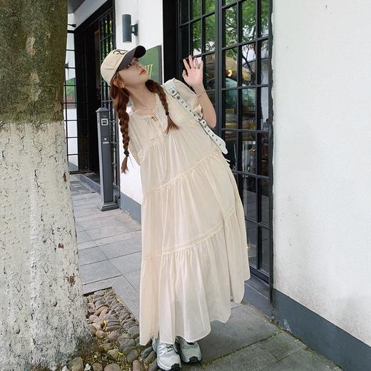 实拍花边小圆领蝴蝶结系带温柔风减龄氛围感杏色拼接大裙摆连衣裙 商品图1