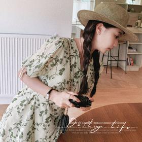 系带袖口设计木耳边下摆荷叶裙子浪漫温柔青色桔梗一片式碎花裙女