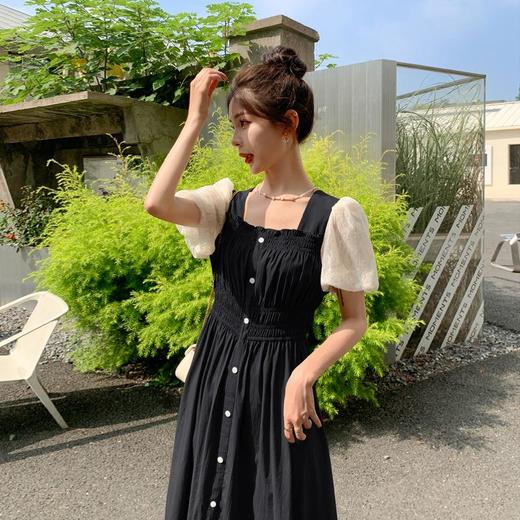 法式复古方领裙子2023夏季新款蕾丝泡泡袖松紧腰显瘦连衣裙女通勤 商品图2