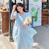 实拍浮雕提花蓬蓬公主裙浅蓝色法式泡泡袖高腰显瘦减龄圆领连衣裙 商品缩略图2