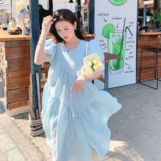 实拍浮雕提花蓬蓬公主裙浅蓝色法式泡泡袖高腰显瘦减龄圆领连衣裙 商品图2