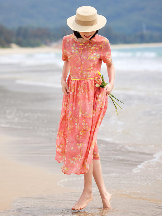 HM-S376夏季新款苎麻印花连衣裙薄款文艺碎花短袖圆领温柔风大摆裙女 商品图3