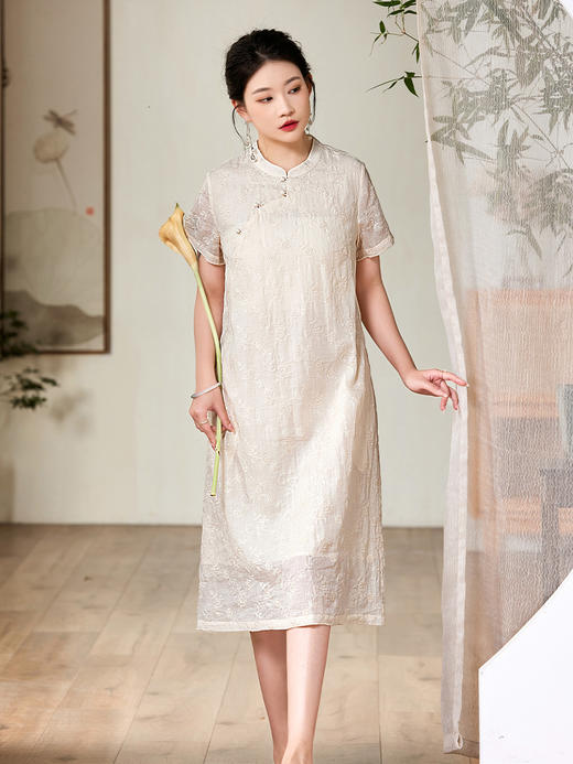 HM-S338-2夏季薄款重工刺绣苎麻改良旗袍立领短袖复古杏色新中式连衣裙 商品图0