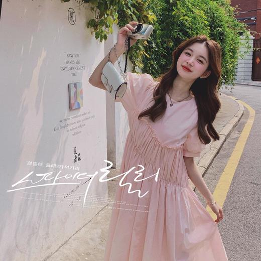 实拍元气少女感减龄泡泡袖收褶小花边甜美风显瘦温柔淡粉色连衣裙 商品图1