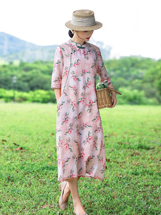 HM-S403夏季新款古典立领盘扣改良式旗袍宽松显瘦复古印花苎麻连衣裙 商品图3