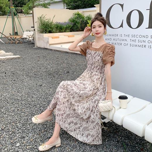 法式复古泡泡袖碎花连衣裙女夏季新款欧货撞色拼接长款高级感裙子 商品图2