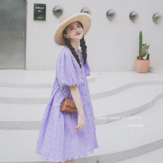 实拍肌理感压褶紫鸢花海泡泡袖小个子甜美风减龄宽松单排扣连衣裙 商品图1