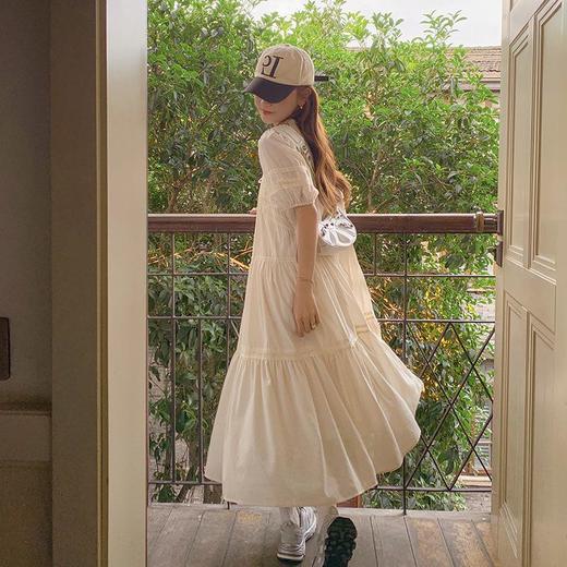 实拍花边小圆领蝴蝶结系带温柔风减龄氛围感杏色拼接大裙摆连衣裙 商品图0