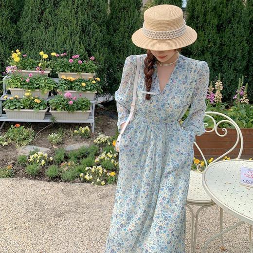 2023春季新款高级感长款碎花连衣裙收腰复古法式雪纺V领早春裙子 商品图3