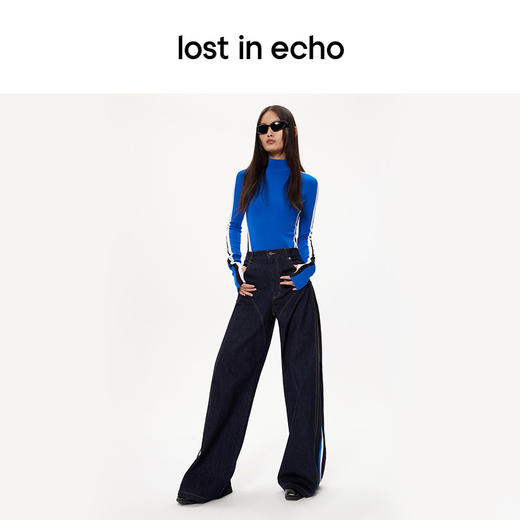 [捡漏价]lost in echo秋季新款休闲侧拉链设计撞色条纹运动感阔腿牛仔裤 商品图3