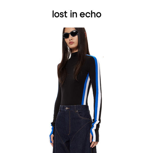 [断码]lost in echo秋季新款内搭运动条纹高领多色撞色设计针织打底衫女 商品图0