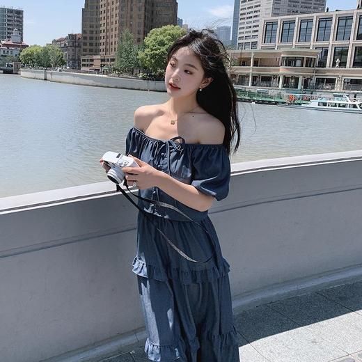 实拍两穿蝴蝶系带领口复古泡泡袖上衣深兰色木耳边拼接半裙套装女 商品图1