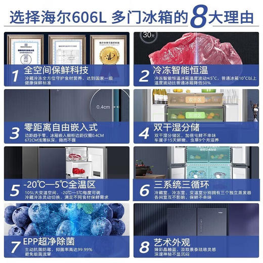 【全空间保鲜科技】海尔（Haier）冰箱十字四开门零距离自由嵌入式底部前置散热一级变频超薄冰箱 【零嵌入三系统】606升905mm宽晶釉蓝冰箱606WGHTD14BRU1 商品图1