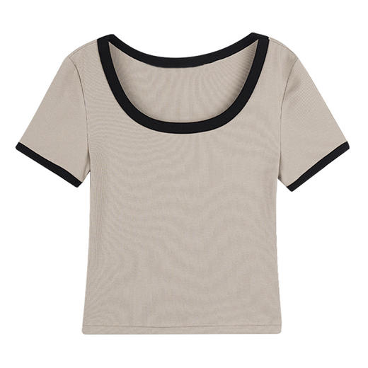 【高档正肩t恤】夏天气质短款 2023新款 时尚高腰撞色U领 百搭短袖上衣 修身亲肤简约大方 商品图4