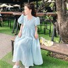 实拍浮雕提花蓬蓬公主裙浅蓝色法式泡泡袖高腰显瘦减龄圆领连衣裙 商品缩略图1