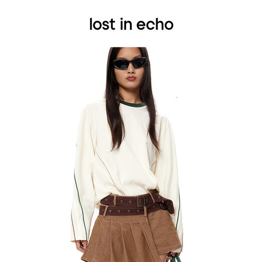[捡漏价]lost in echo秋季新款百搭撞色线条设计打底直筒宽松全棉长袖T恤 商品图0