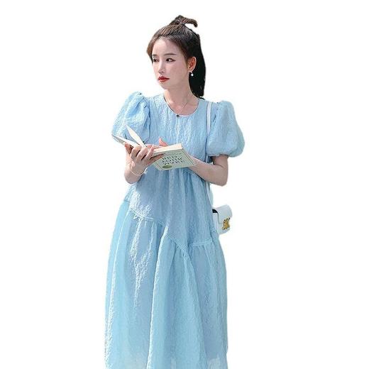 实拍浮雕提花蓬蓬公主裙浅蓝色法式泡泡袖高腰显瘦减龄圆领连衣裙 商品图4