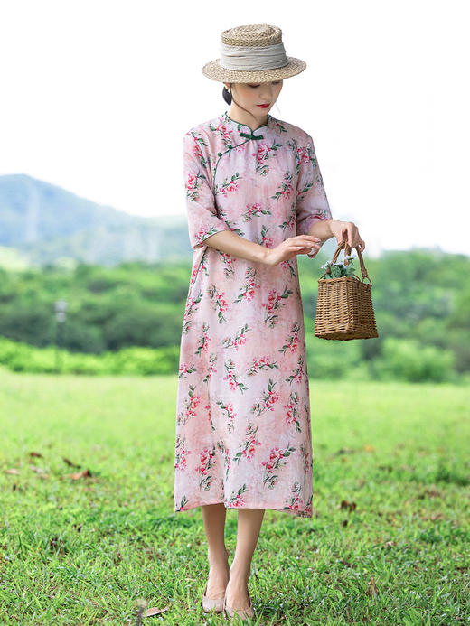 HM-S403夏季新款古典立领盘扣改良式旗袍宽松显瘦复古印花苎麻连衣裙 商品图2