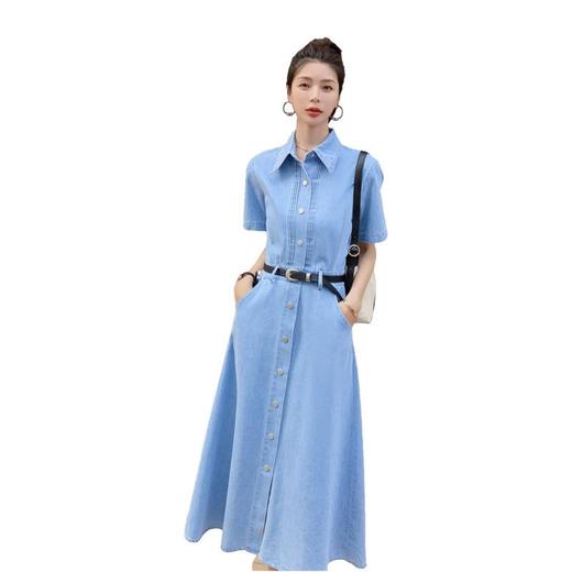 2023新款衬衫新中式短袖法式牛仔连衣裙子夏季女装a字裙长裙批发 商品图4