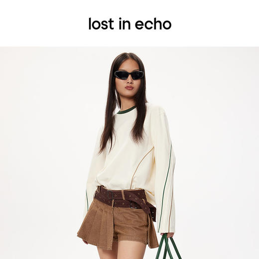 [捡漏价]lost in echo秋季新款百搭撞色线条设计打底直筒宽松全棉长袖T恤 商品图1
