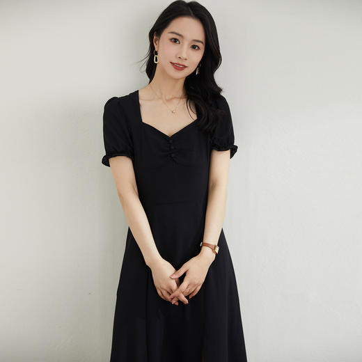 罗蒙夏季短袖连衣裙短袖方领休闲日常气质舒适复古开叉长裙女 商品图5
