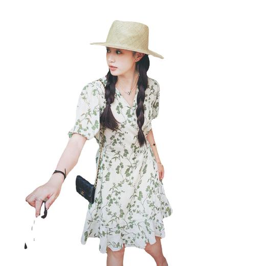 系带袖口设计木耳边下摆荷叶裙子浪漫温柔青色桔梗一片式碎花裙女 商品图4