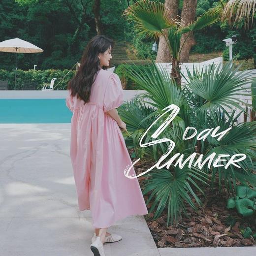 实拍主推2023夏日浪漫粉雾海木耳花边高腰泡泡袖大摆长款连衣裙子 商品图2