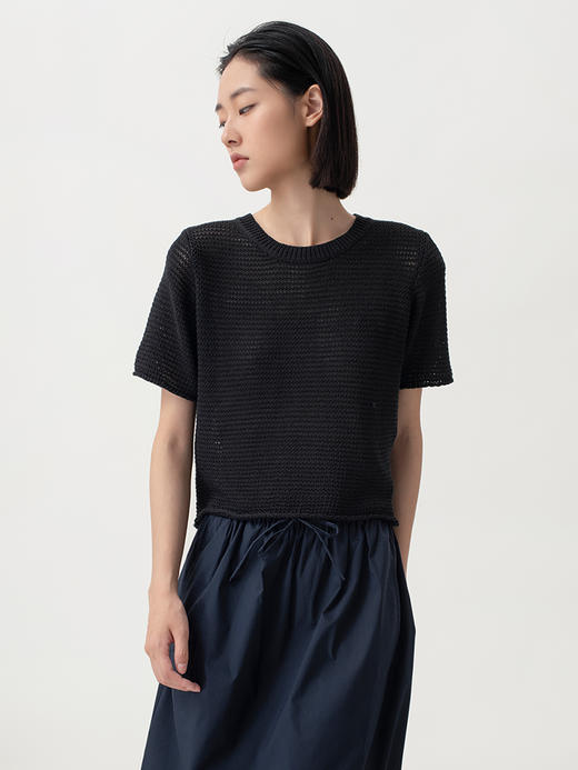 322工房经典再造女士针织薄款套头衫2023夏环保棉后背开襟T恤B100 商品图1