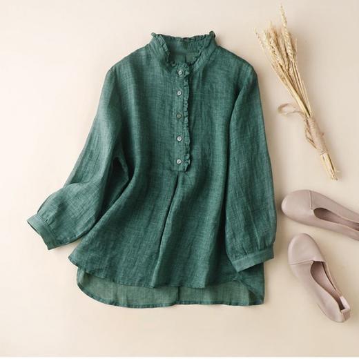 雀说【断码清仓】春季木耳边文艺半开胸长袖衬衣女小清新纯色衬衫长袖宽松上衣L8389A-WX011 商品图1