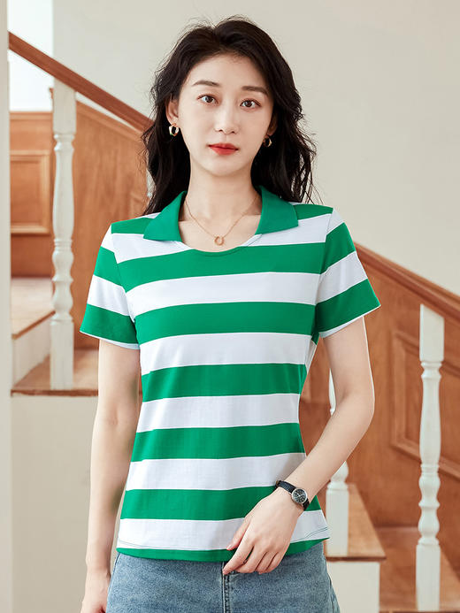 棉质新款翻领条纹衫短袖T恤ZS152 商品图1