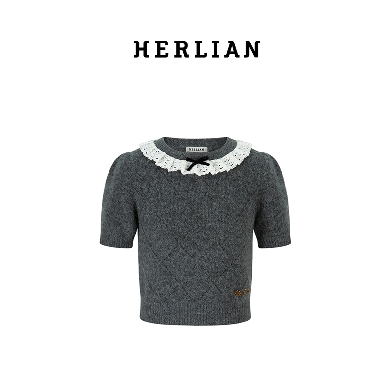 HL2CAWSW1002 蕾丝拼接菱形格短袖针织