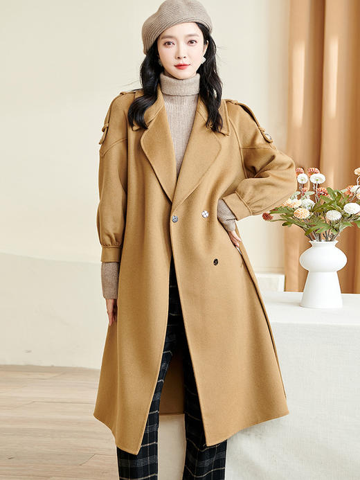 剩L/XXL 米思阳冬季新款简约气质纯色毛呢外套100%羊毛长款大衣女3802 商品图0