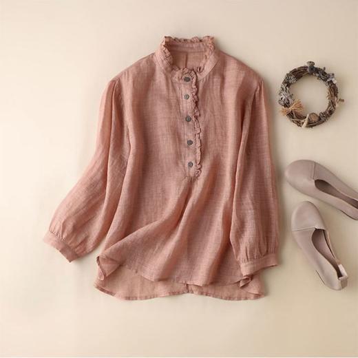 雀说【断码清仓】春季木耳边文艺半开胸长袖衬衣女小清新纯色衬衫长袖宽松上衣L8389A-WX011 商品图2